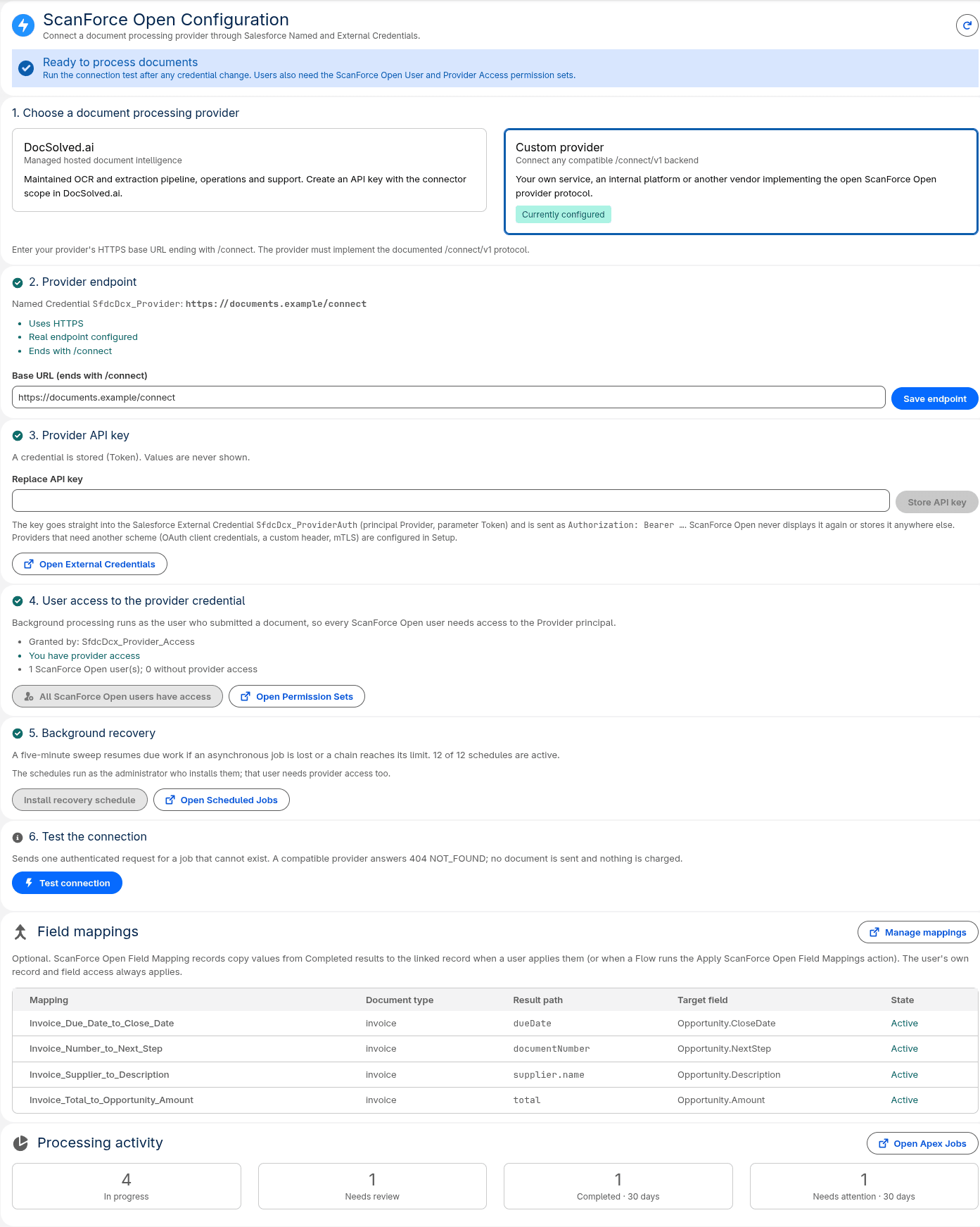 ScanForce Open configuration page for Named Credential provider endpoint and External Credential API key