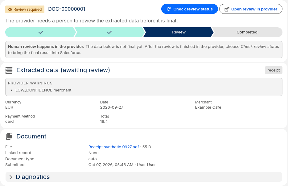 ScanForce Open job in Review Required state with extracted values awaiting human confirmation