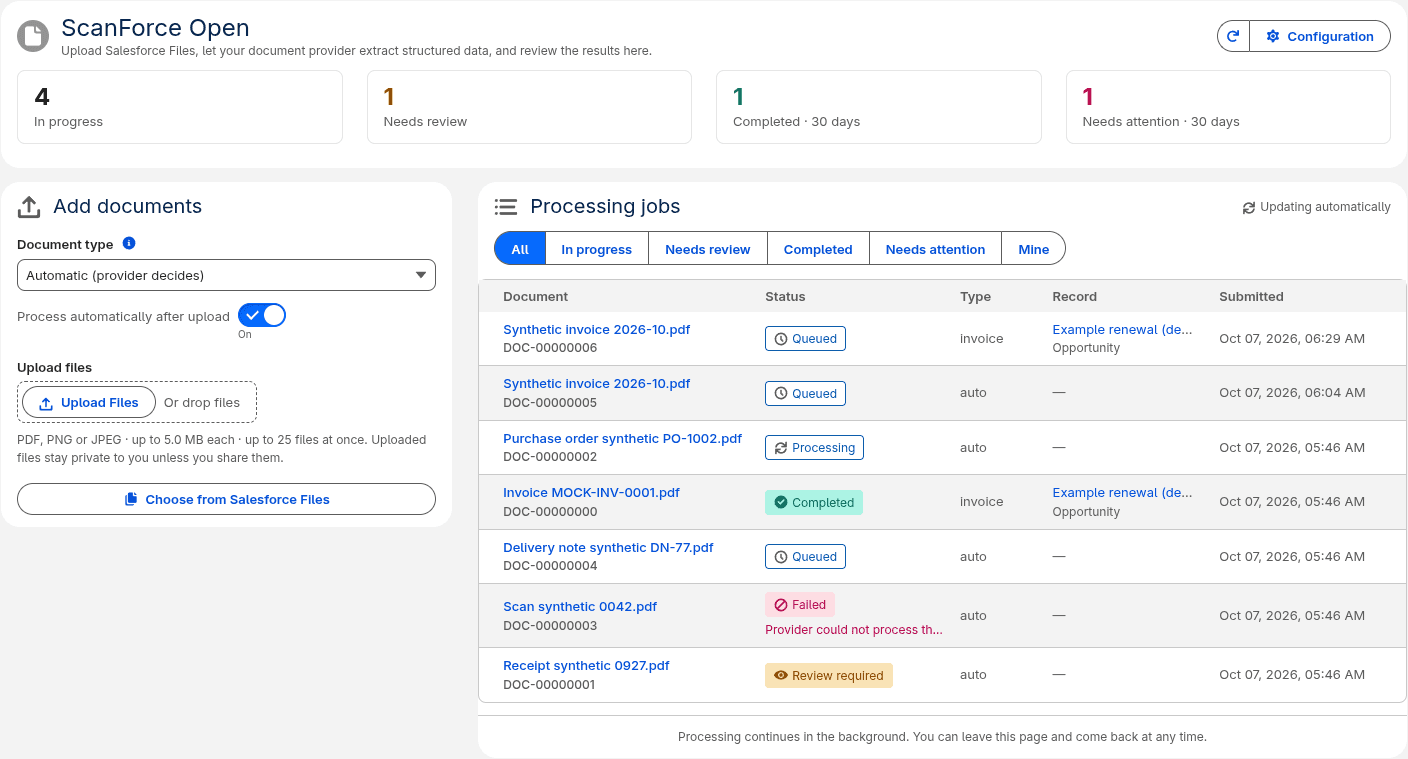 ScanForce Open workspace listing document processing jobs with queued, completed, failed, and review-required statuses